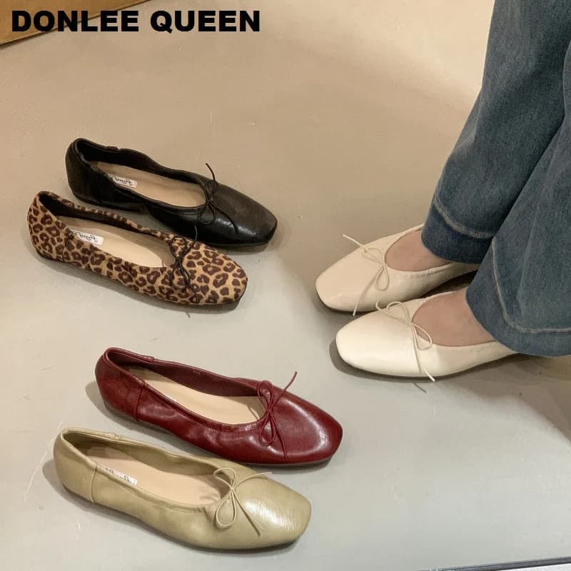 Women Round Toe Bow Ballet Flats Shoes Soft Leather Slip On Ballerina Elegant Casual Loafers Daily Waling Dress Leopard Footwear