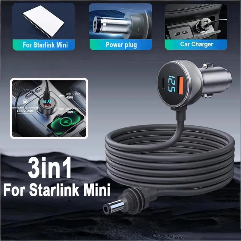 Cavo per Starlink Mini 3M/5M, Ricarica Rapida USB Tipo C, Accendisigari 12-24V, Cavo da Caricabatterie Auto a DC per Starlink Mini