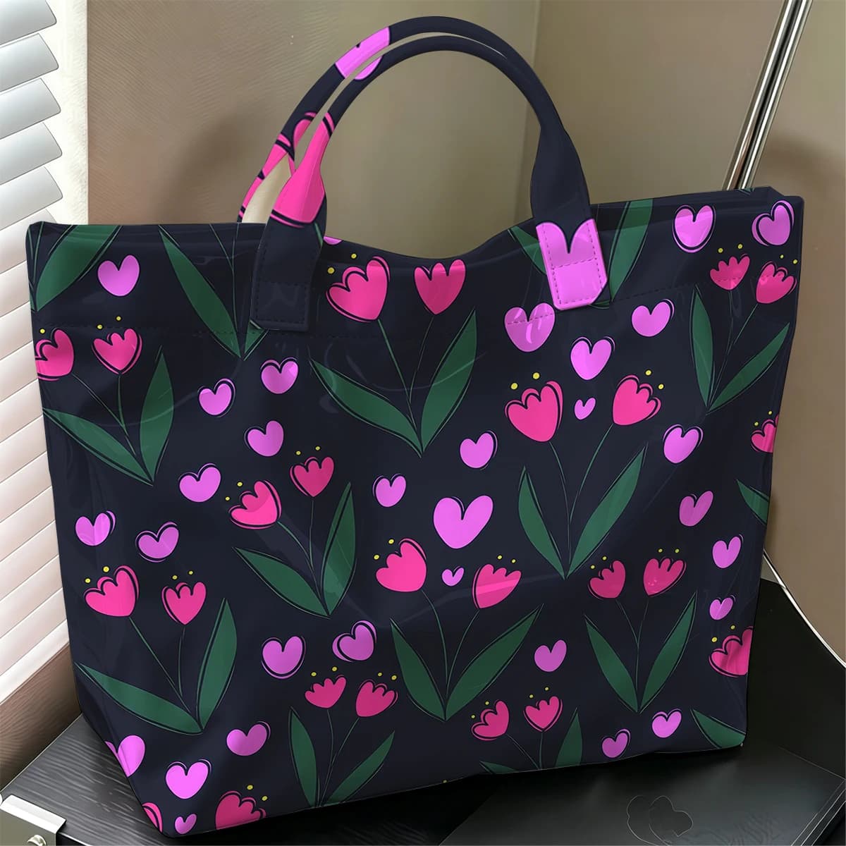 Dark Tulip Heart Stylish Large Glossy PVC Tote Bag Washable Waterproof Durable Ideal for Travel Commute Cosmetics Books Handbags