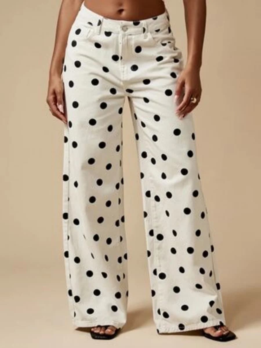 American-style retro polka dot printed wide-leg denim pants for women, 2025 loose straight casual trousers