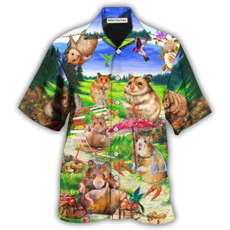 Men's Fashion Summer T-Shirts Hawaiian Hamster Animal 3d Print Cozy Casual One Button Shirts Short Sleeve Beach Oversized Shirts