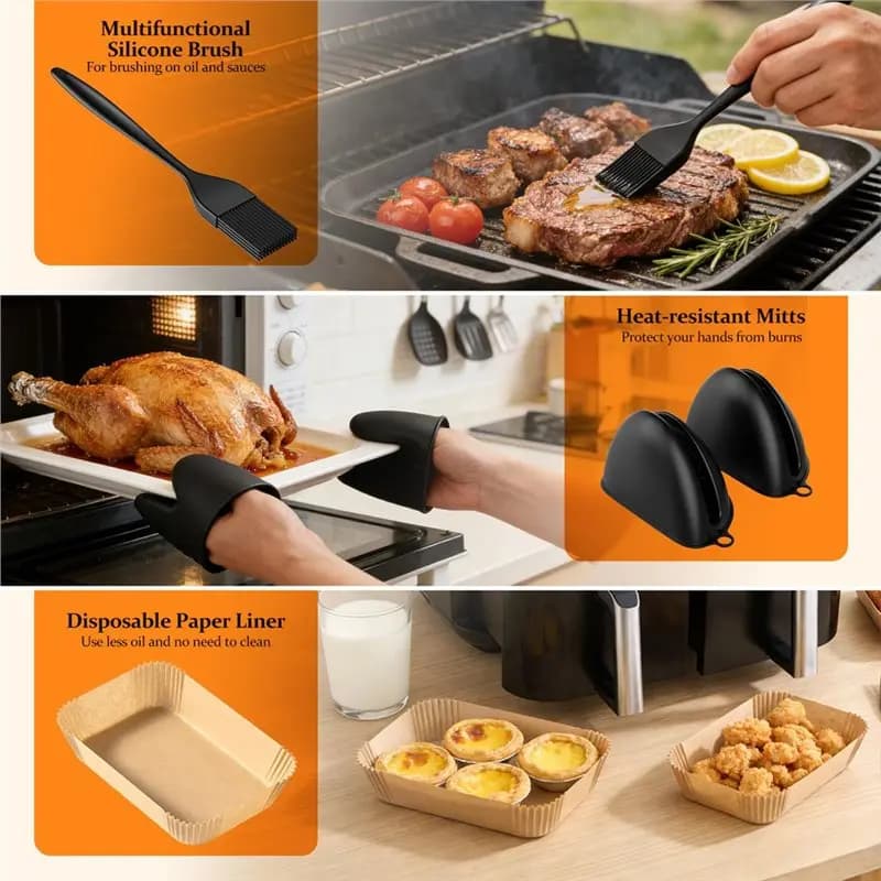 Set Accessori per Friggitrice ad Aria: Rivestimenti in Silicone, Griglia, Guanti, Pennello per Olio - Compatibile con Friggitrici ad Aria Doppie 7.6L-9.5L - A77G