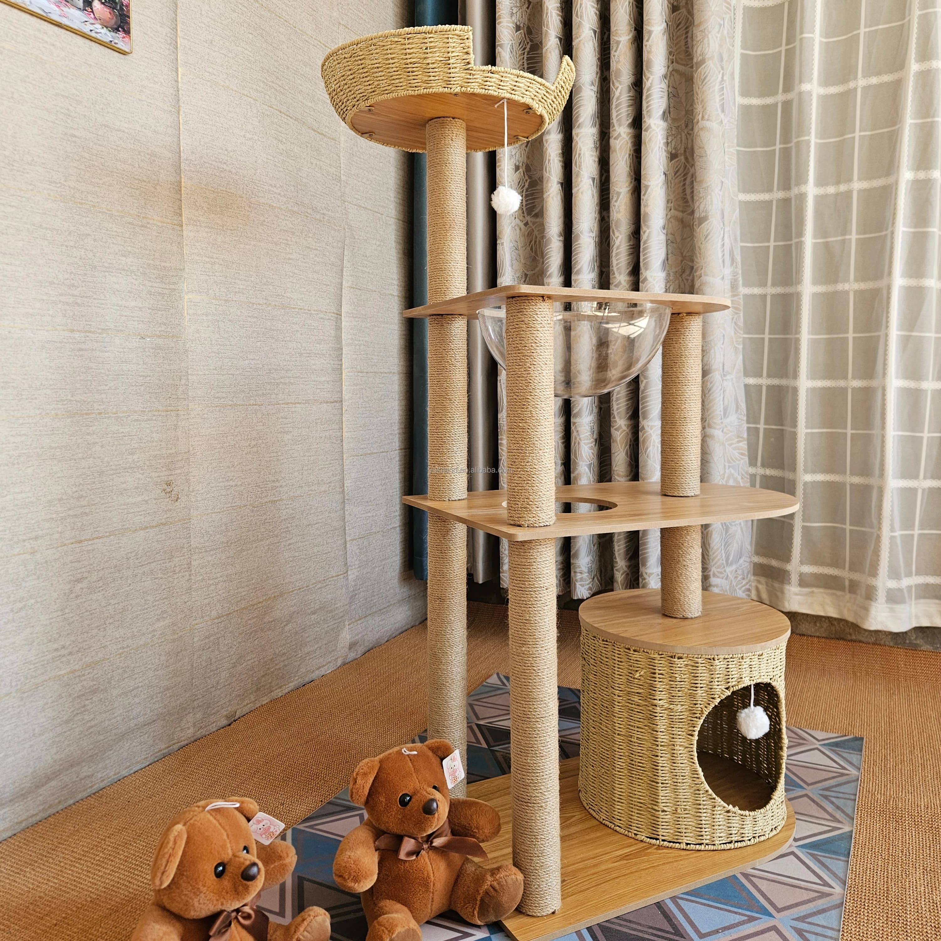 Casa sull'albero per gatti in legno Conos Torre per gatti in legno con corda in sisal Tiragraffi Struttura da arrampicata Prodotti per gatti giocattolo