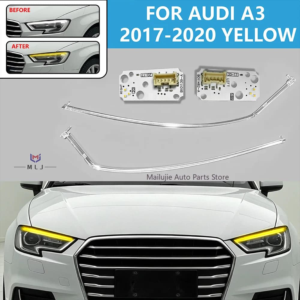 For Audi A3 2017-2020 Yellow LED Angel Eye DRL Chip Acrylic Light Guide Strip Headlight Daytime Running Light Car Accessories