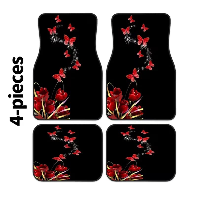 4-Piece Set of Red Butterfly and Red Rose Print Car Floor Mats, Front and Rear Carpets, Stylish Car Interior Protection for Cars, Trucks, and Suvs, High-Quality Polyester Fiber Mats for All Seasons, Perfect Gift