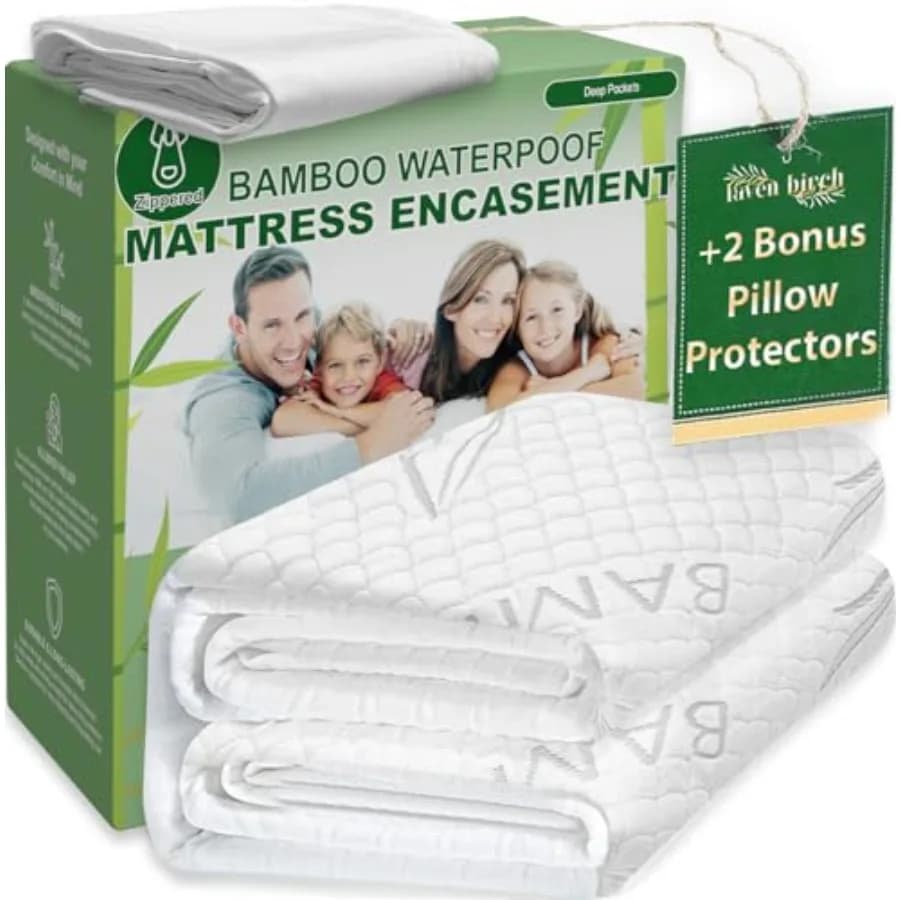 Bamboo Rayon Mattress Protector with Zipper + 2 Pillow Protectors - 100% Waterproof Cooling Size Cover - Ultra Soft Fabric Brea