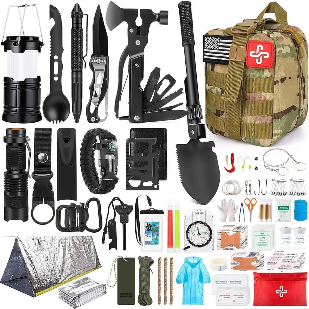 Kit di Sopravvivenza Compatto da 250 Pezzi con Borsa MOLLE, Tenda d'Emergenza e Forniture di Pronto Soccorso per Avventure all'Aperto, Escursionismo, Caccia