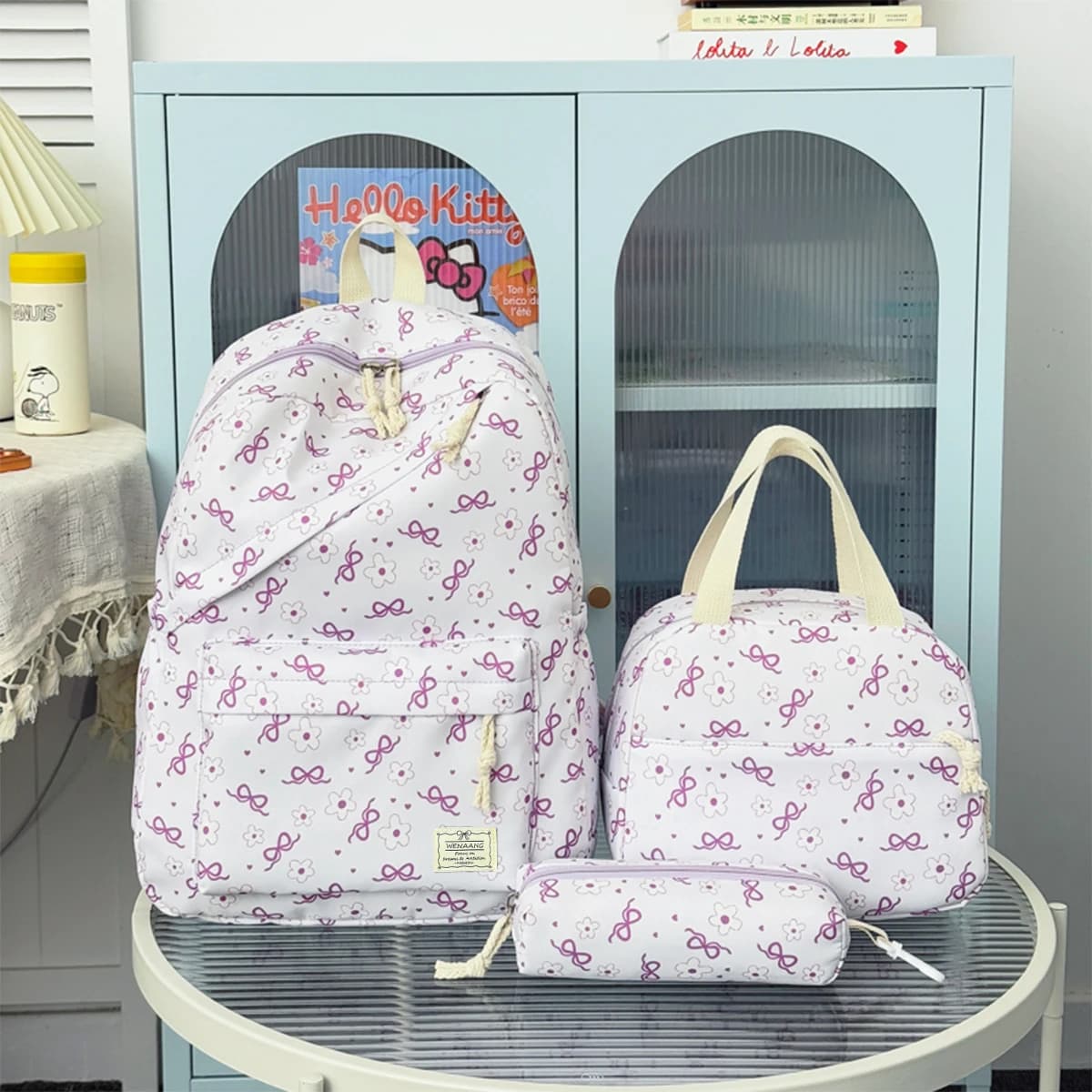 Small Fresh Bow Flower Printed Three Piece Backpack Set Nylon Lightweight Large Capacity Girls' Backpack Campus Student Backpack