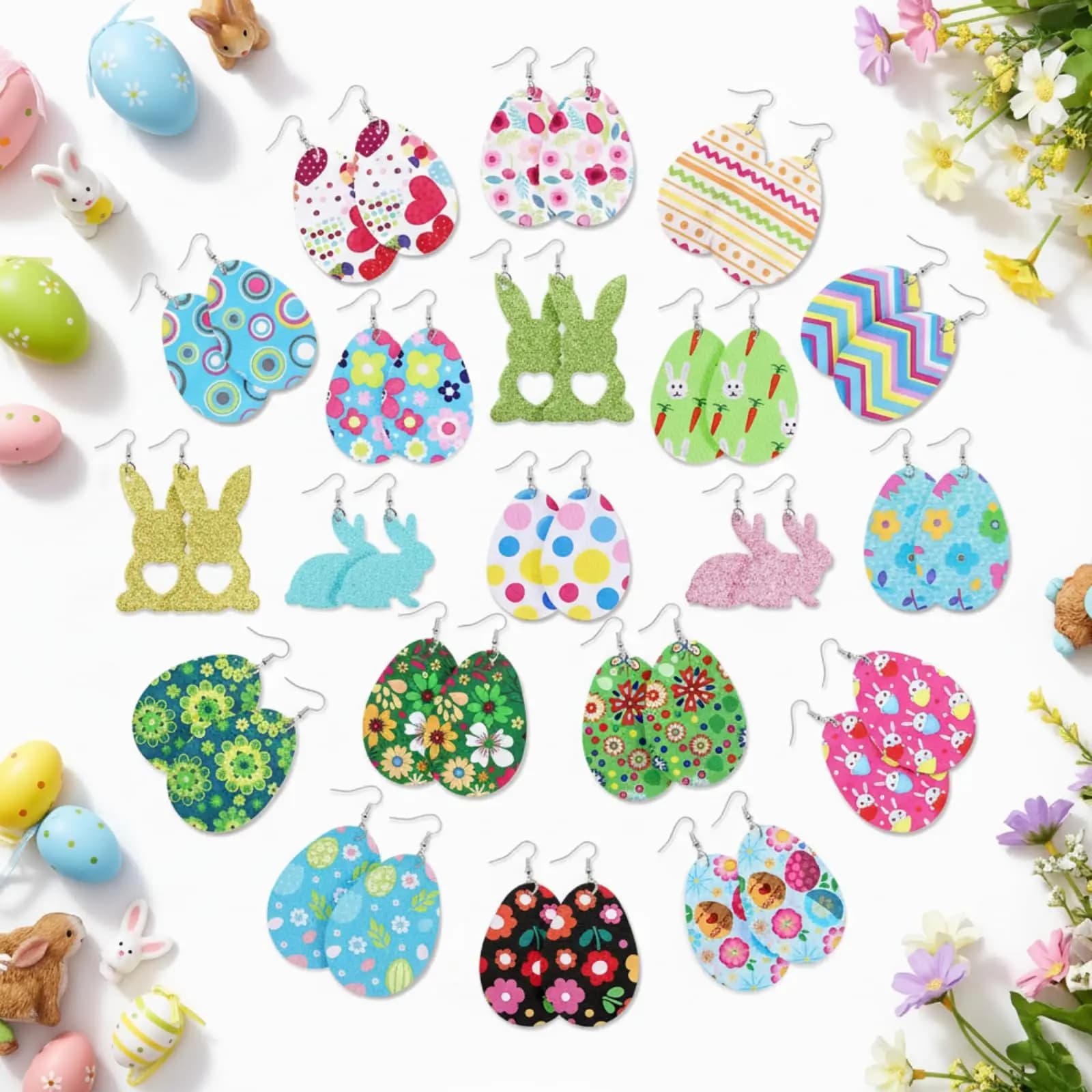 20 paia di orecchini pasquali in ecopelle per donna, con uova, fiori, coniglietti, glitter, pendenti, gioielli primaverili, regalo all'ingrosso