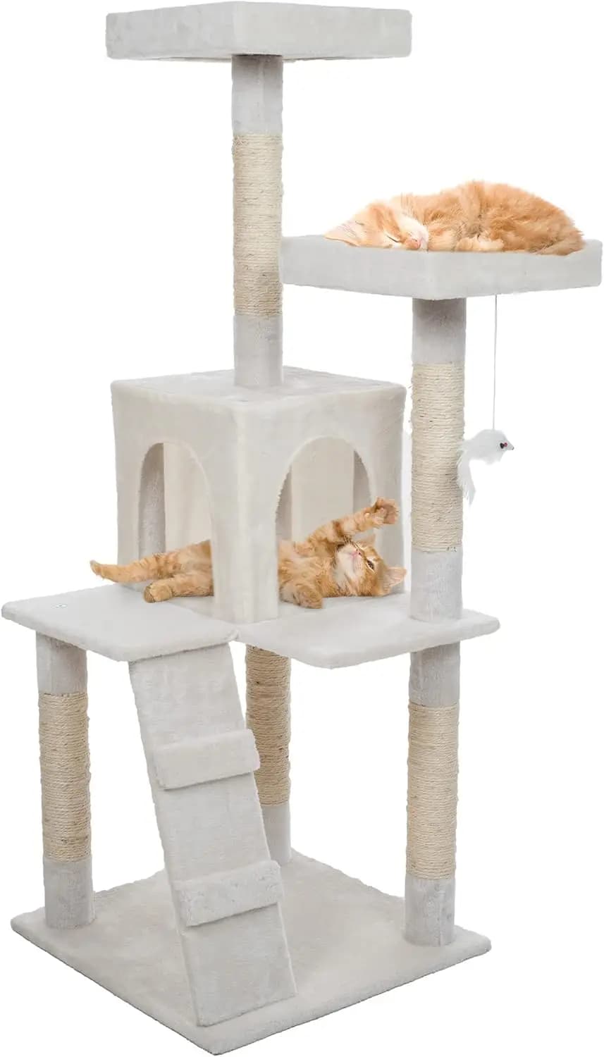 Torre per Gatti a 4 Livelli - Posti per Riposare, Casetta per Gatti con Scala, 5 Tiragraffi in Corda di Sisal, Giocattolo Sospeso - Albero per Gatti da Interno