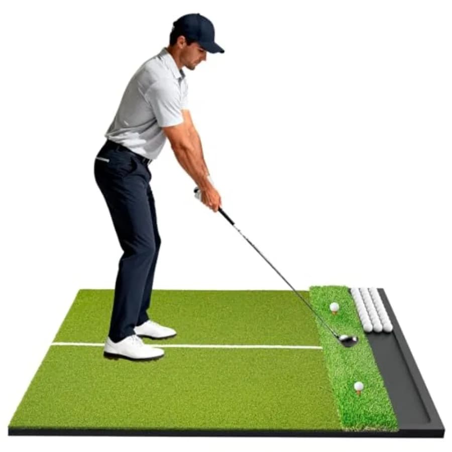 Tappetino da Golf Dual Turf con Vassoio Porta Palline, 6x4 piedi, Spessore 26mm, Ausilio per l'Allineamento, Tappetino da Pratica Golf per Interni ed Esterni, Simulatore per Driving e Chipping