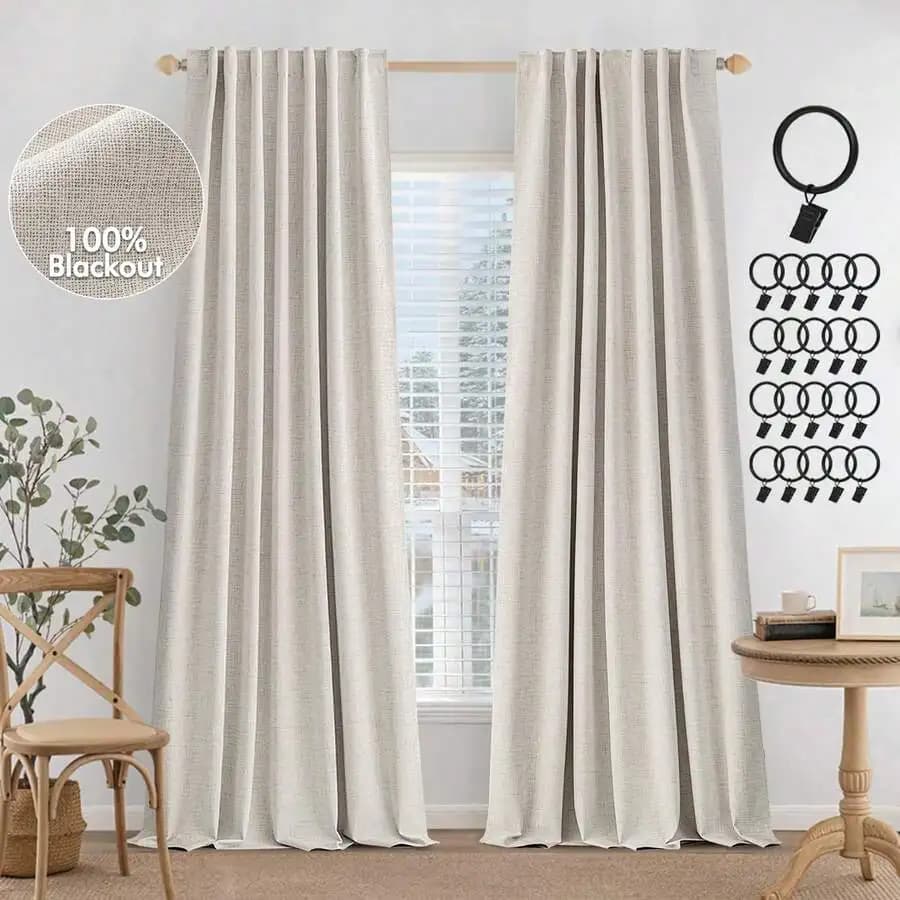 Blackout Curtains 90 Inches Long Linen Drapes Bedroom Living Room Rod Pocket 2 Panels Beige