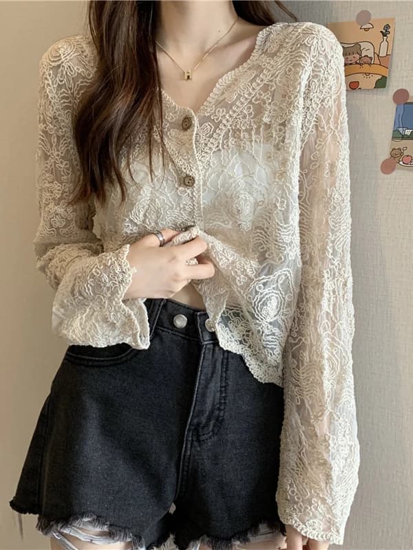 Summer Lace Open Cardigan Shawl Women's Thin Outerwear V-neck Long Sleeve Short Length Pure Color Sun Protection Fairy Top