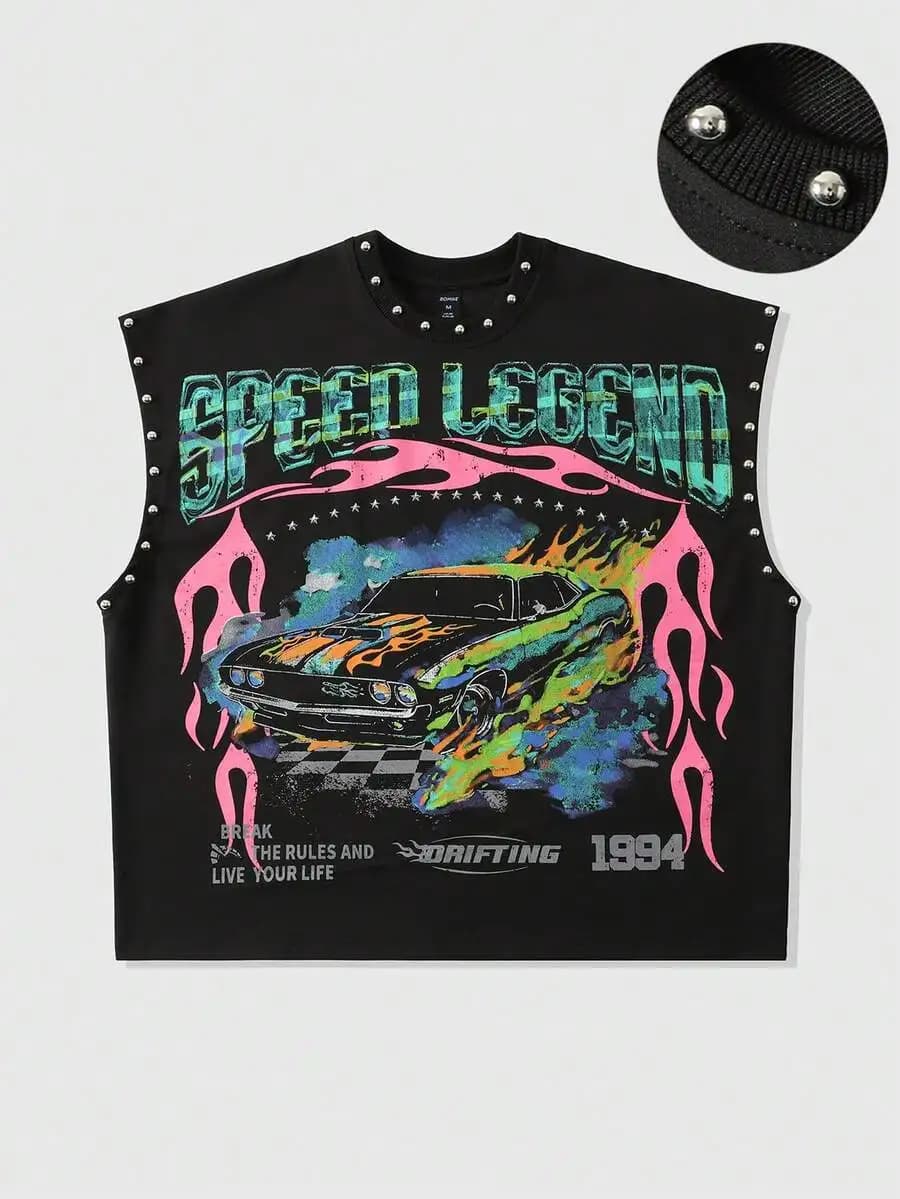 Harajuku Letter Racing Car Graphic T Shirts Hip-hop Street Life Loose Men Summer Sleeveless Vest Casual Y2K Rivet Design T-shirt