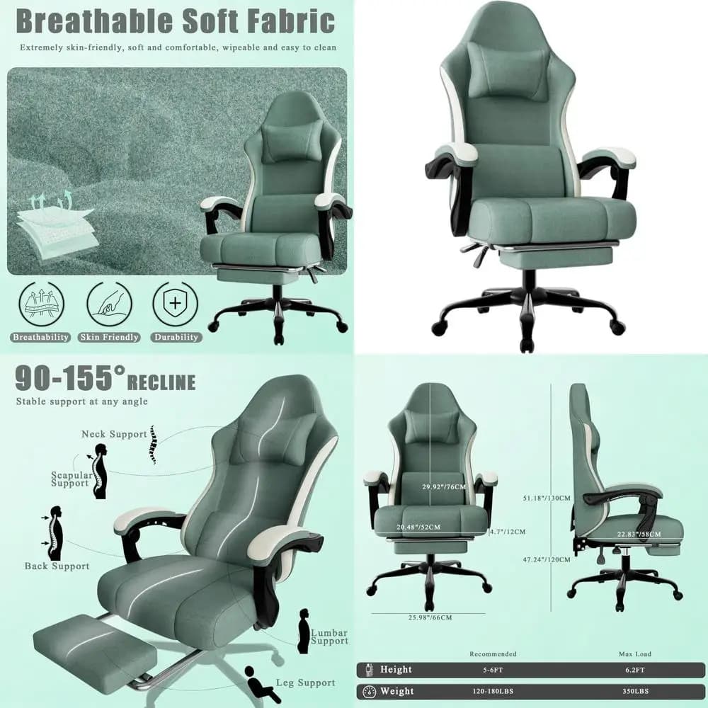 Sedia da Gaming Ergonomica in Tessuto con Schienale Alto, Seduta Imbottita, Poggiapiedi, Altezza Regolabile e Supporto Lombare - Beige e Blu