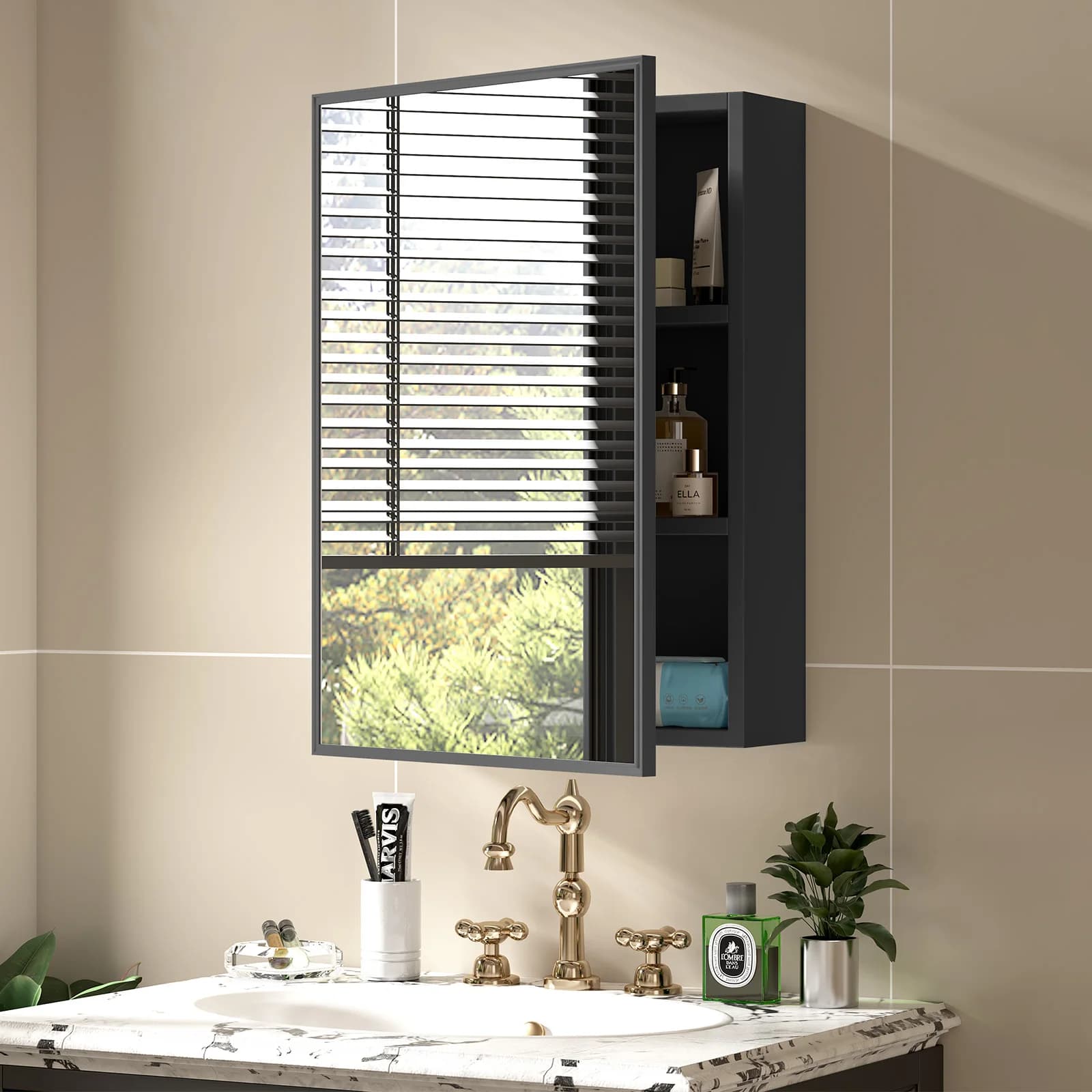Armadietto dei medicinali da bagno nero con armadietto a specchio a parete 16" x 22"