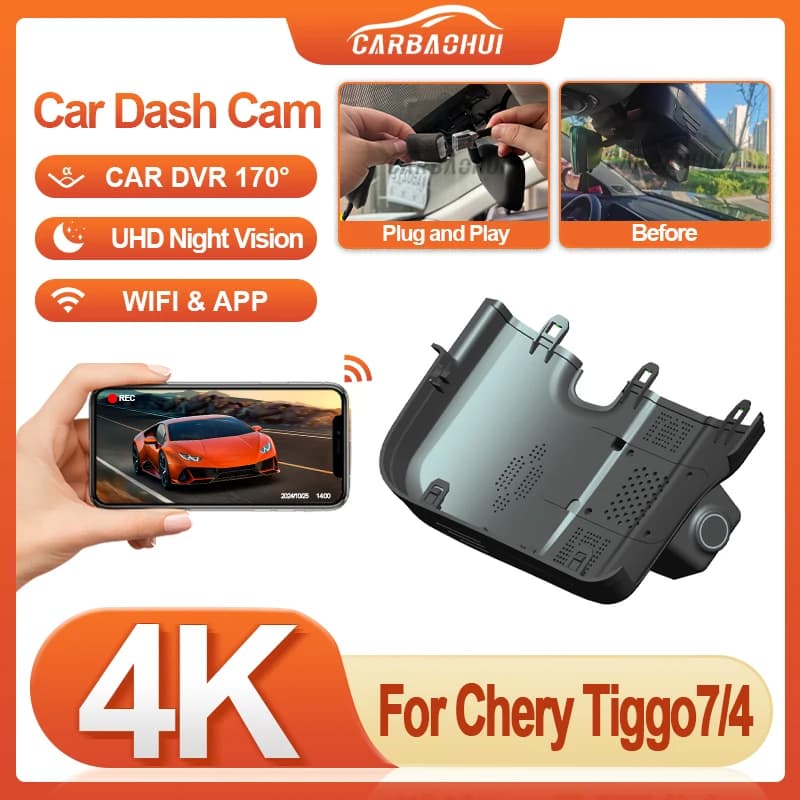 For Chery Tiggo 7 2024 2025 2026 Tiggo 4 2025 2026 Dash Cam DVR Car UHD 4K 2160P Plug and Play with Night Vision, WIFI, Loop Registration