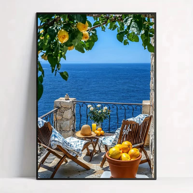 Italian Lemon Tree Boat Amalfi Seascape Retro Mediterranean Landscape Poster Canvas Painting Wall Art Pictures Home Decoratio
