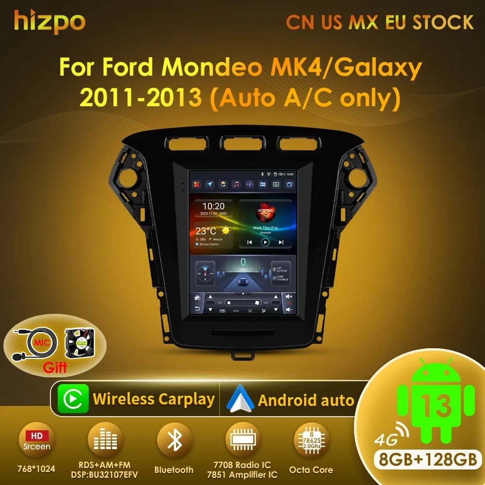 Hizpo Autoradio Android da 9,7 pollici per Ford Mondeo Mk4 Galaxy A/C 2011-2013 per lettore video multimediale stile Tesla 2Din GPS Carplay