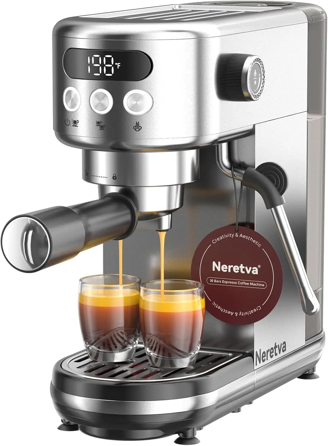 20 bar compact espresso machine with steam and LED display for domestic barista, milk and cappuccino