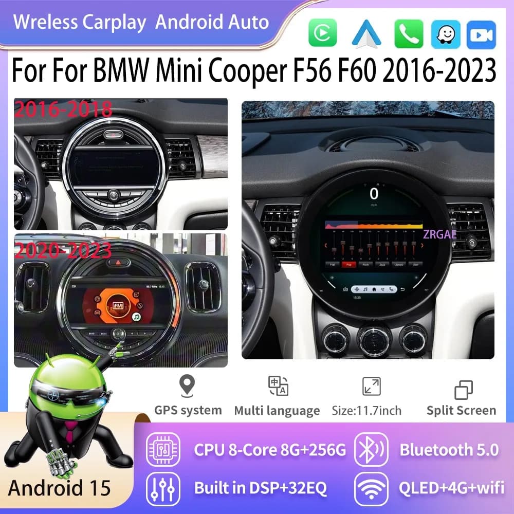 11.7 "Android15 Wireless CarPlay Auto Per Per BMW Mini Cooper F56 F60 2016-2023 Autoradio Lettore Multimediale di Navigazione GPS BT 4G