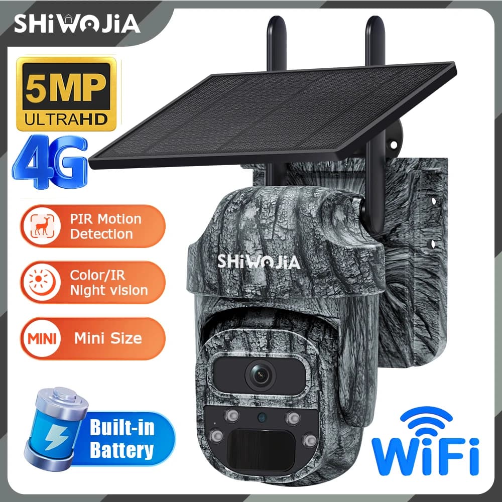 SHIWOJIA 5MP Macchina Fotografica 4G SIM Esterna WIFI 5W Pannello Solare 7800mAh Batteria PIR Motion Activated Trigger Macchina Fotografica della Fauna Selvatica di Visione Notturna