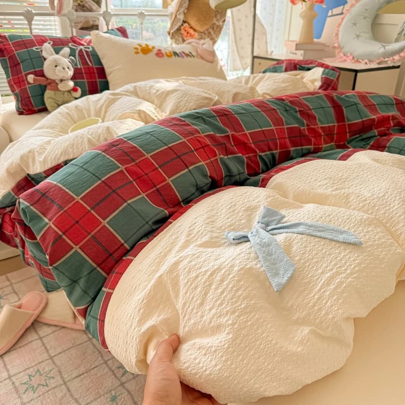 Set Copripiumino in Filato Puff con Lenzuolo Singolo/Matrimoniale/King, Set Biancheria da Letto Jacquard per Casa con Fiocco