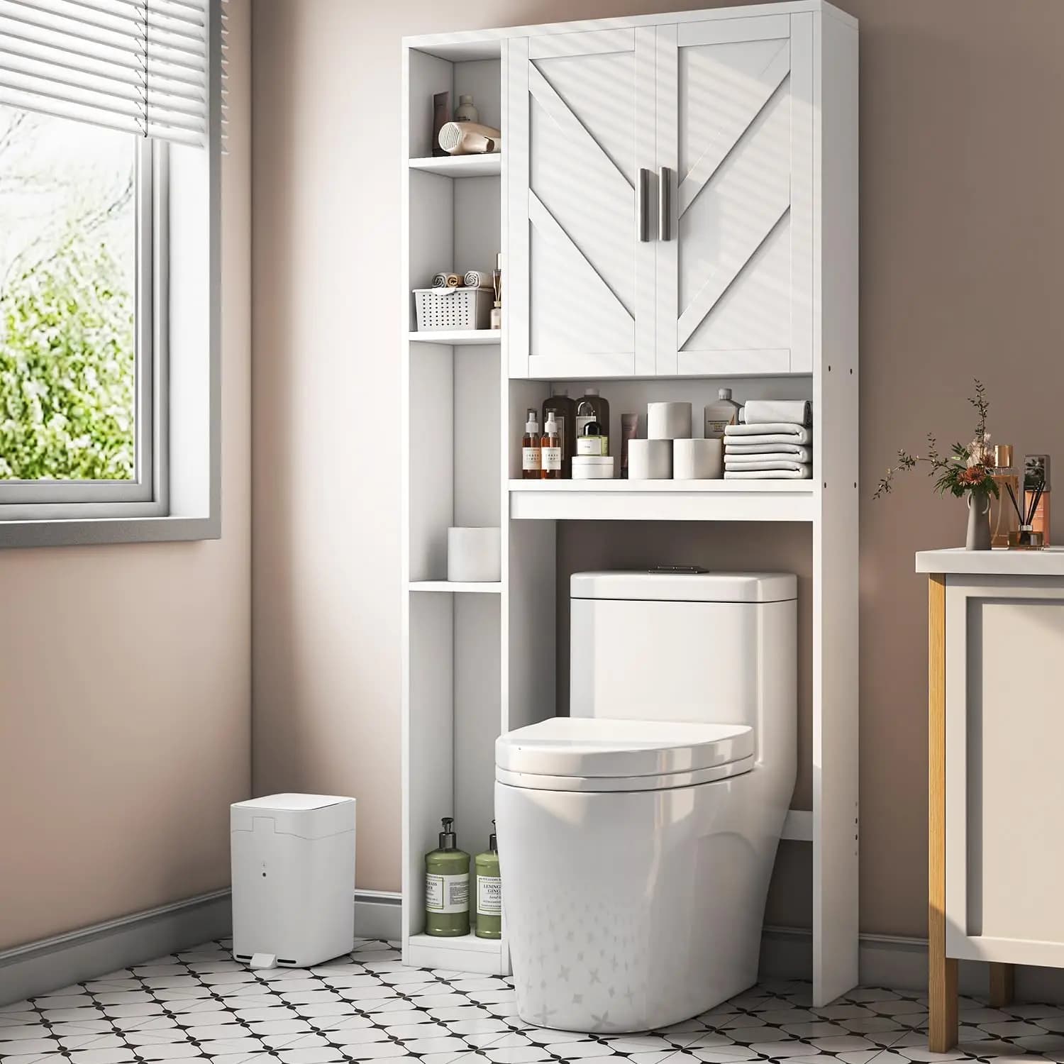 Mobiletto portaoggetti da posizionare sopra il WC con 7 ripiani, organizer da bagno sopra il WC con porta carta igienica, da posizionare dietro il WC