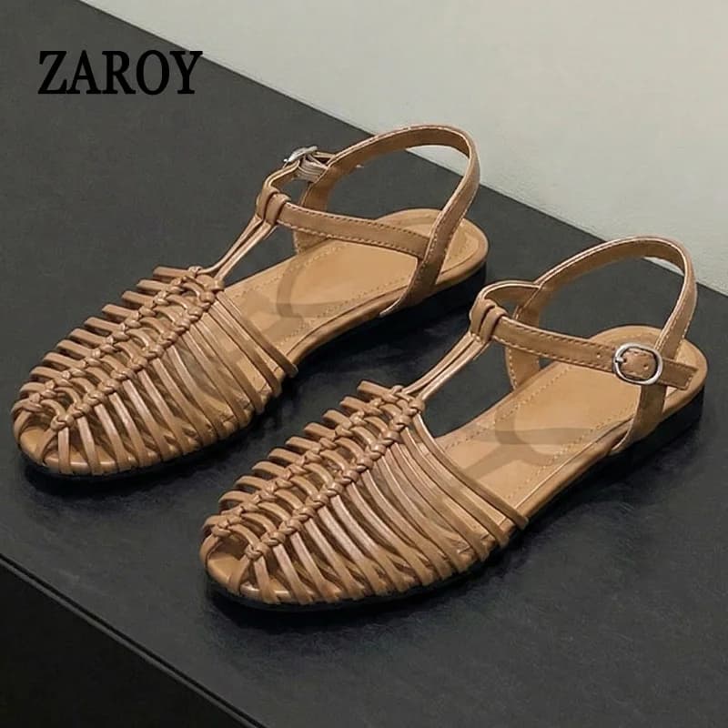 ZAROY Designer Roman Sandals Handmade Woven T-strap Flat Shoes Big Size Narrow Band Hollow Out Casual Beach Gladiator Sandalias