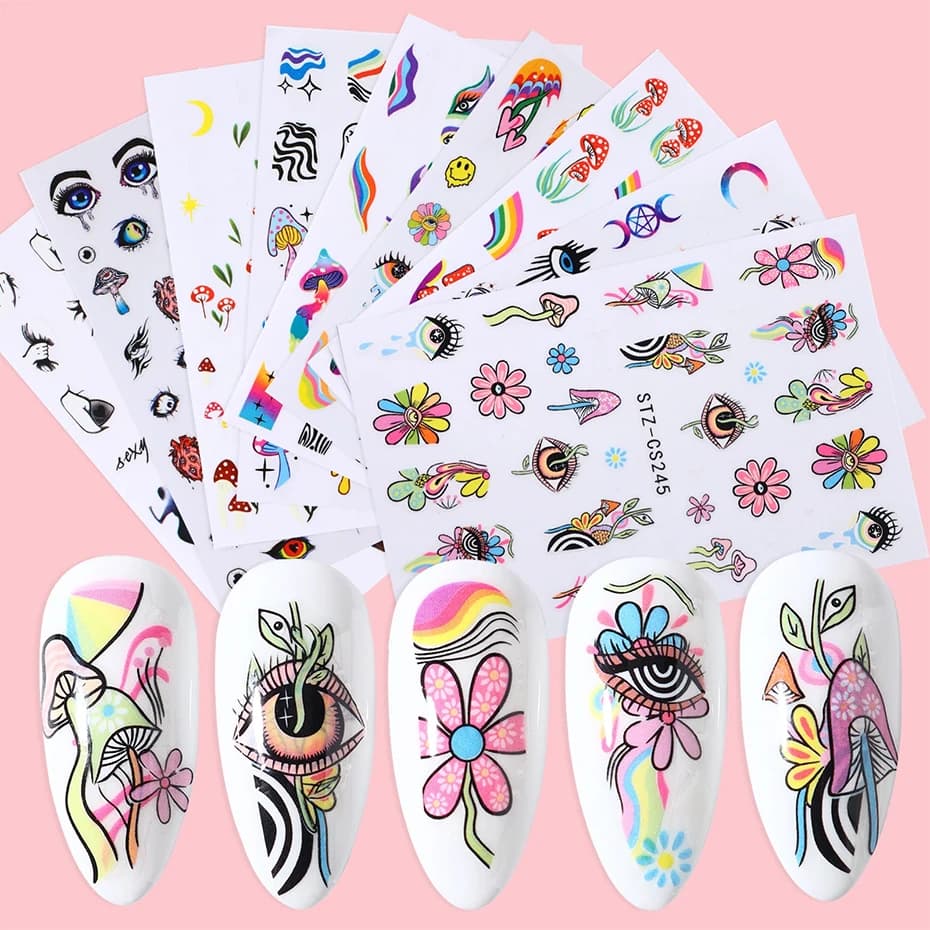 9pcs Evil Eye Flower Nail Sticker Mushroom Star Moon stickers nail stickers Smile Face Nail Art Decoration Colorful design