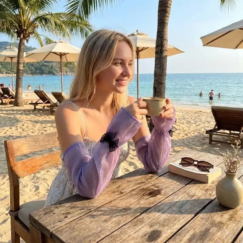 Women’s Elegant Pearlescent Yarn Bow Sun‑Shield Arm Sleeves Summer Ins‑Style Ice Silk Flared Sleeves