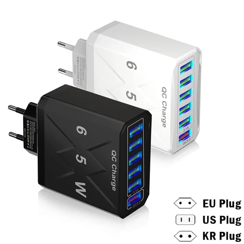 Caricatore USB 6 in 1 QC 3.0 a ricarica rapida per Samsung Huawei Xiaomi iPhone, adattatore di ricarica per cellulari con spina EU/KR/US