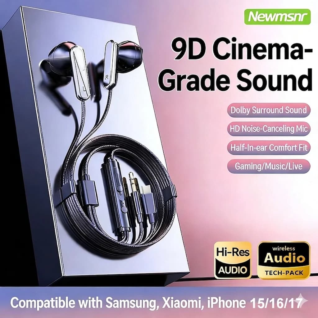 Cuffie con Suono Surround 9D Tipo C e 3.5mm, Auricolari Cablati con Controllo e Microfono HD per Gaming, Compatibili con iPhone 15-17 e Samsung