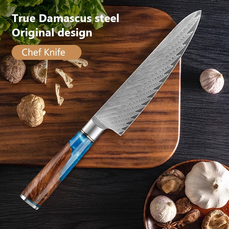Coltello da chef in resina blu da 8 pollici, acciaio Damasco a 67 strati, coltello da cucina classico per ristoranti, coltello giapponese fatto a mano.