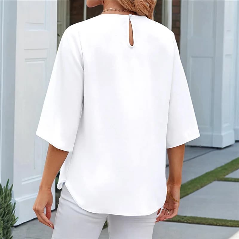 Hot Kf-Camisiera casual in chiffon da donna Top 1/2 Camicette larghe con maniche arricciate e girocollo