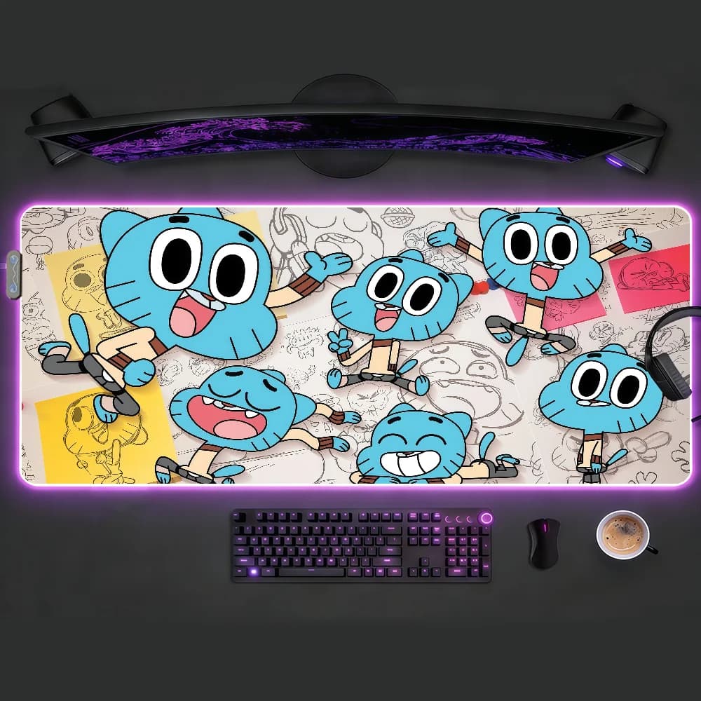 Tappetino per mouse W-World of Gumball RGB LED antiscivolo, tappetino da scrivania in gomma, accessori da gioco, grande XXL, tappetino per tastiera da ufficio e computer