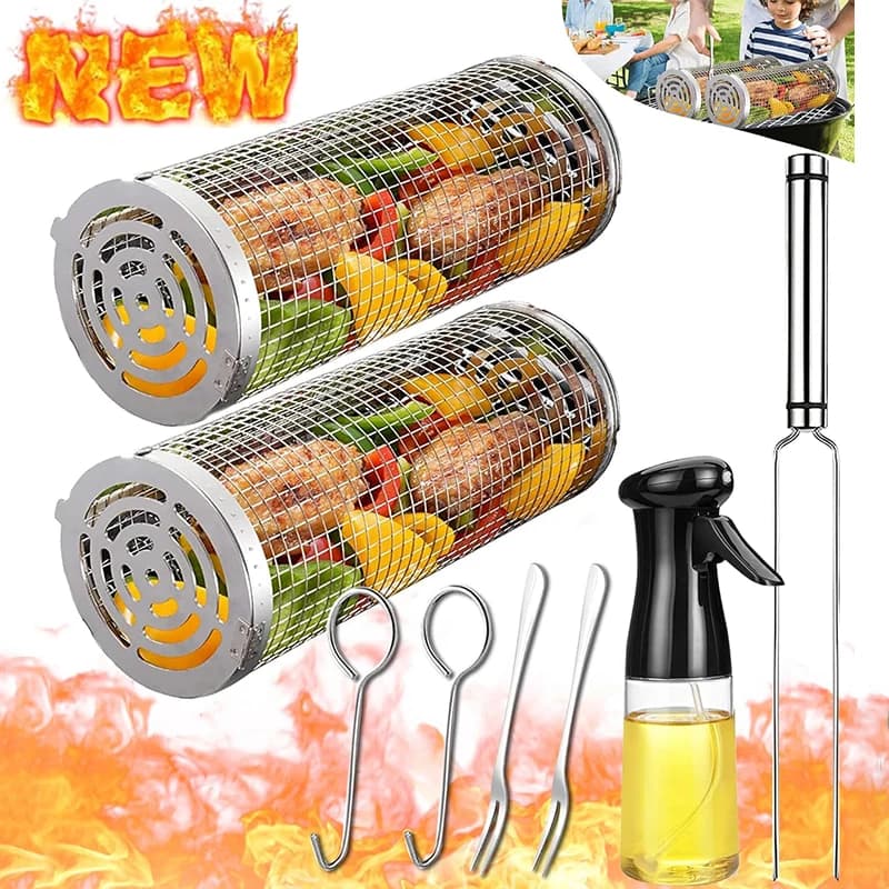 Cestino per barbecue Cestino per grigliare in acciaio inossidabile Cestino per griglia cilindrica in rete metallica Cestino per barbecue rotondo portatile da campeggio all'aperto