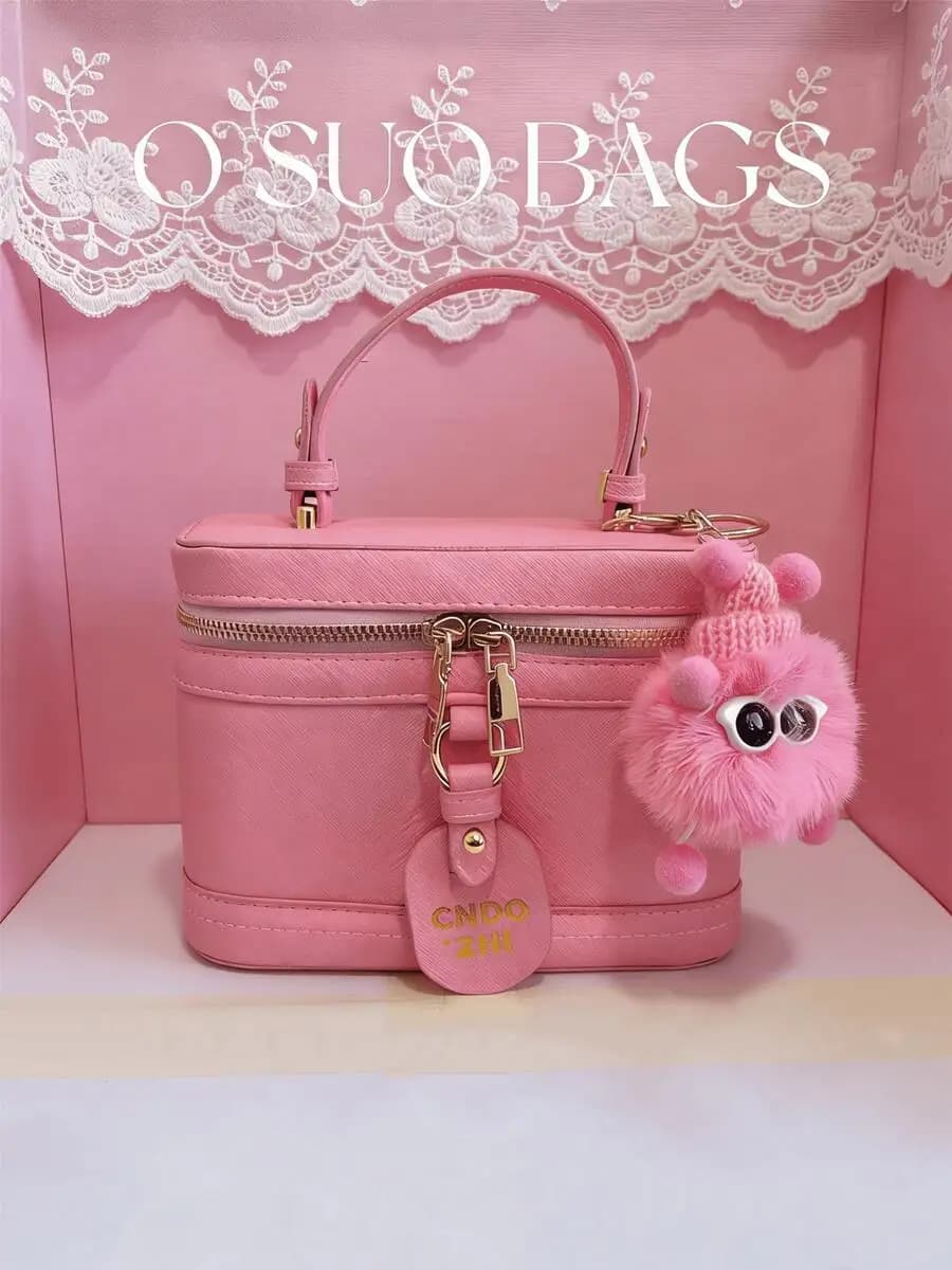 Mini Borsa Cosmetica Rosa con Charm in Pelliccia Sintetica per Donna