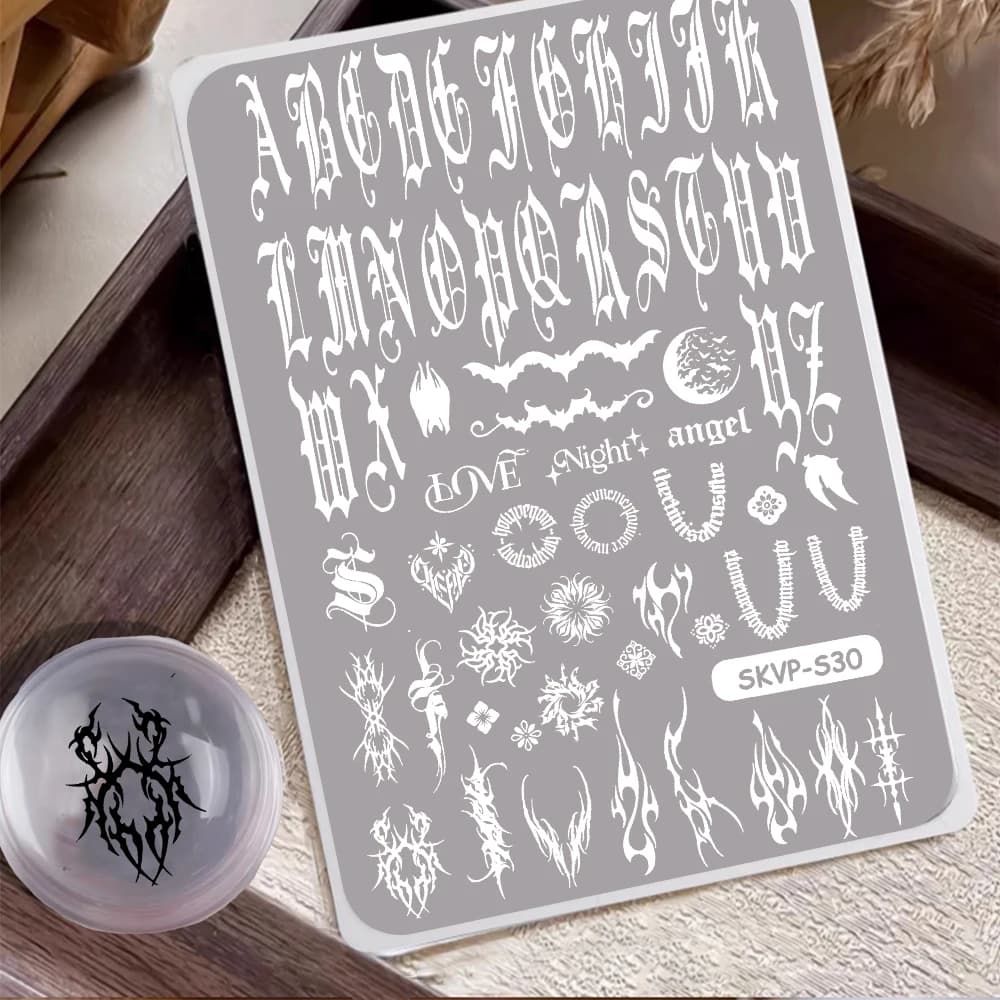 Placche per stamping unghie stile gotico, numeri gotici, fiamme gotiche - Varie placche per stamping a tema gotico e strumenti per nail art