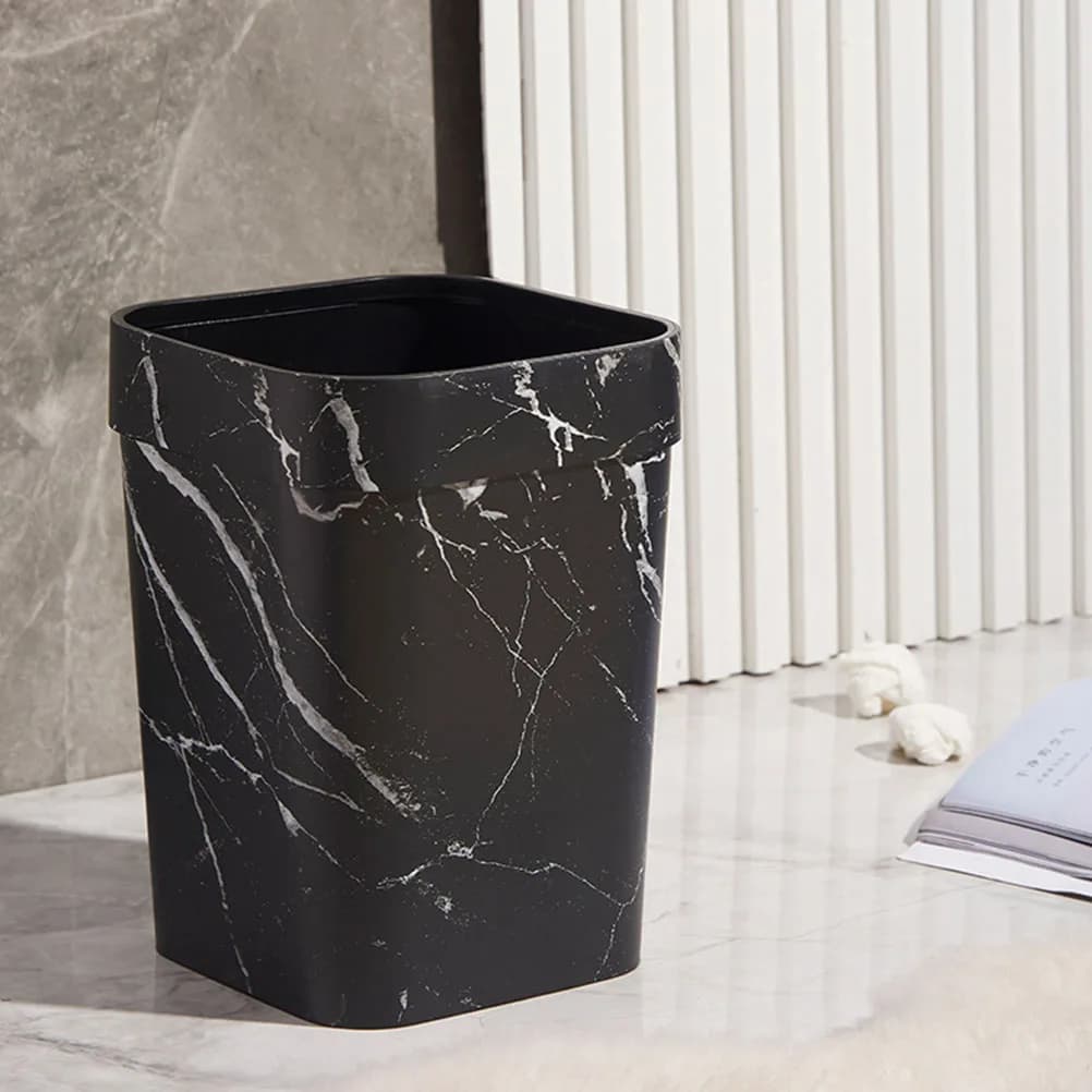 Pattumiera per uso domestico Texture in marmo Bidone per rifiuti in plastica quadrato per cucina Bagno Soggiorno Ufficio Uso domestico Nero Grande