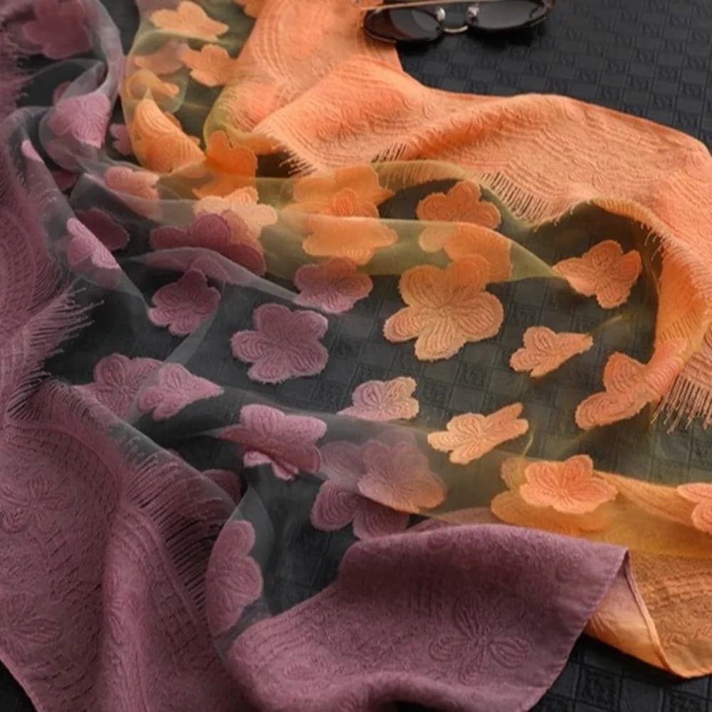 Elegante Sciarpa Sottile con Fiori Sfumati in Pizzo, Protezione Solare, Morbida e Lunga, per Spiaggia