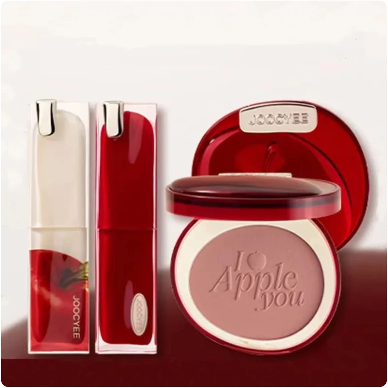 Joocyee I Apple You Collection Rossetti Blush Evidenziatore Polvere fissante Palette di fard multicolore Trucco luccicante opaco
