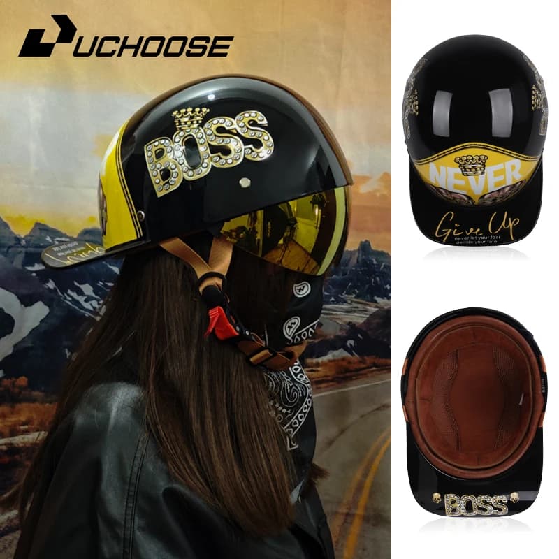 Open baseball cap for men and women, half vintage motorcycle helmet, free square scarf, ideal for summer riding