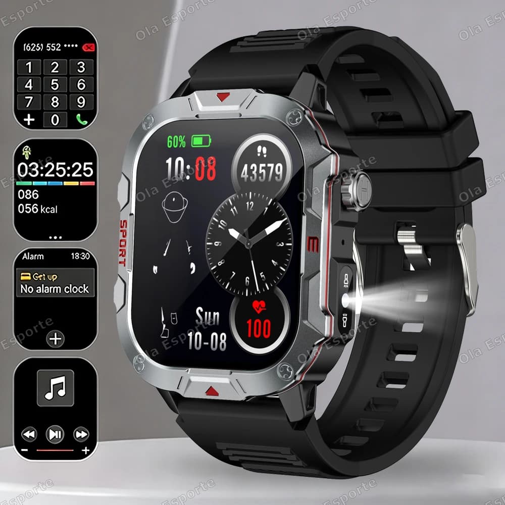 New LED Flashlight Sports Smart Watch Men 2.01 HD Screen Blood Oxygen Bluetooth Talking Watches Multi-Sports Outdoor Smartwatch