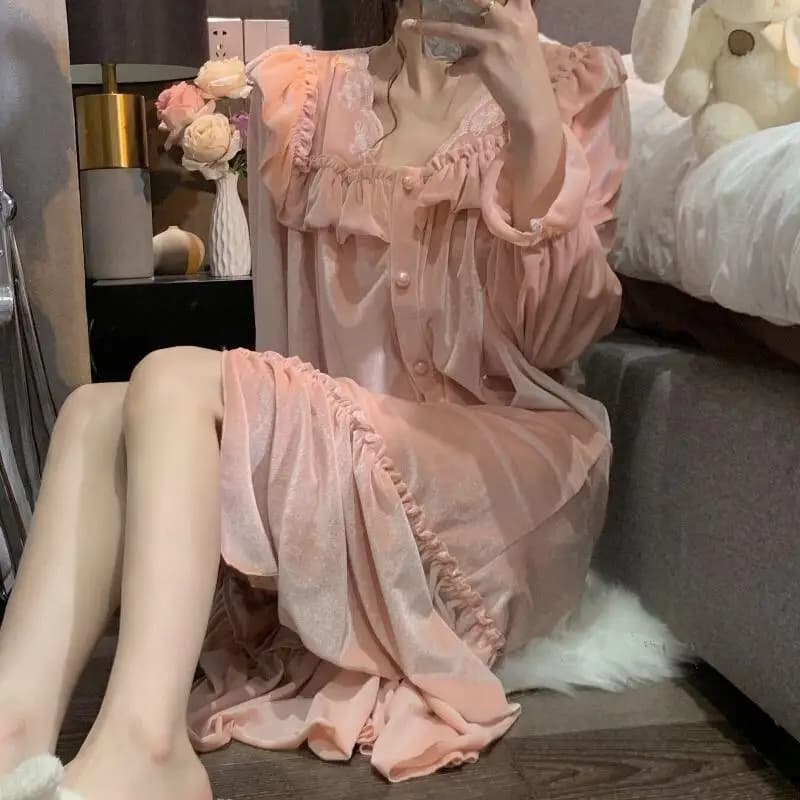 Princess Lace Edge Nightwear Bathrobe Girls Pigiama Kawaii Dress Leisure Clothing Bedroom Four Seasons Home Clothes New