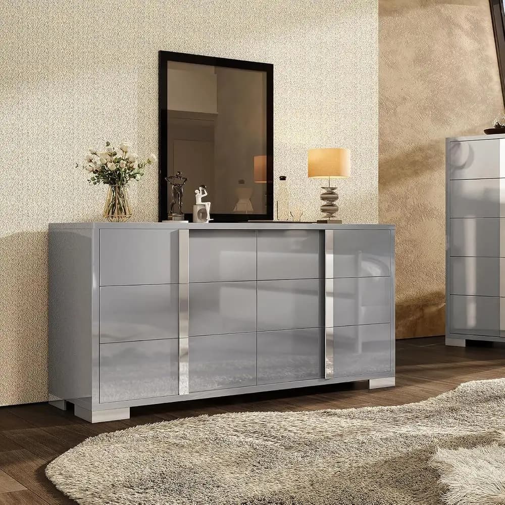 54 Wide High Gloss Drawers with Silver Handles, Grey Storage Chest for Bedroom, Dining, Living Room
