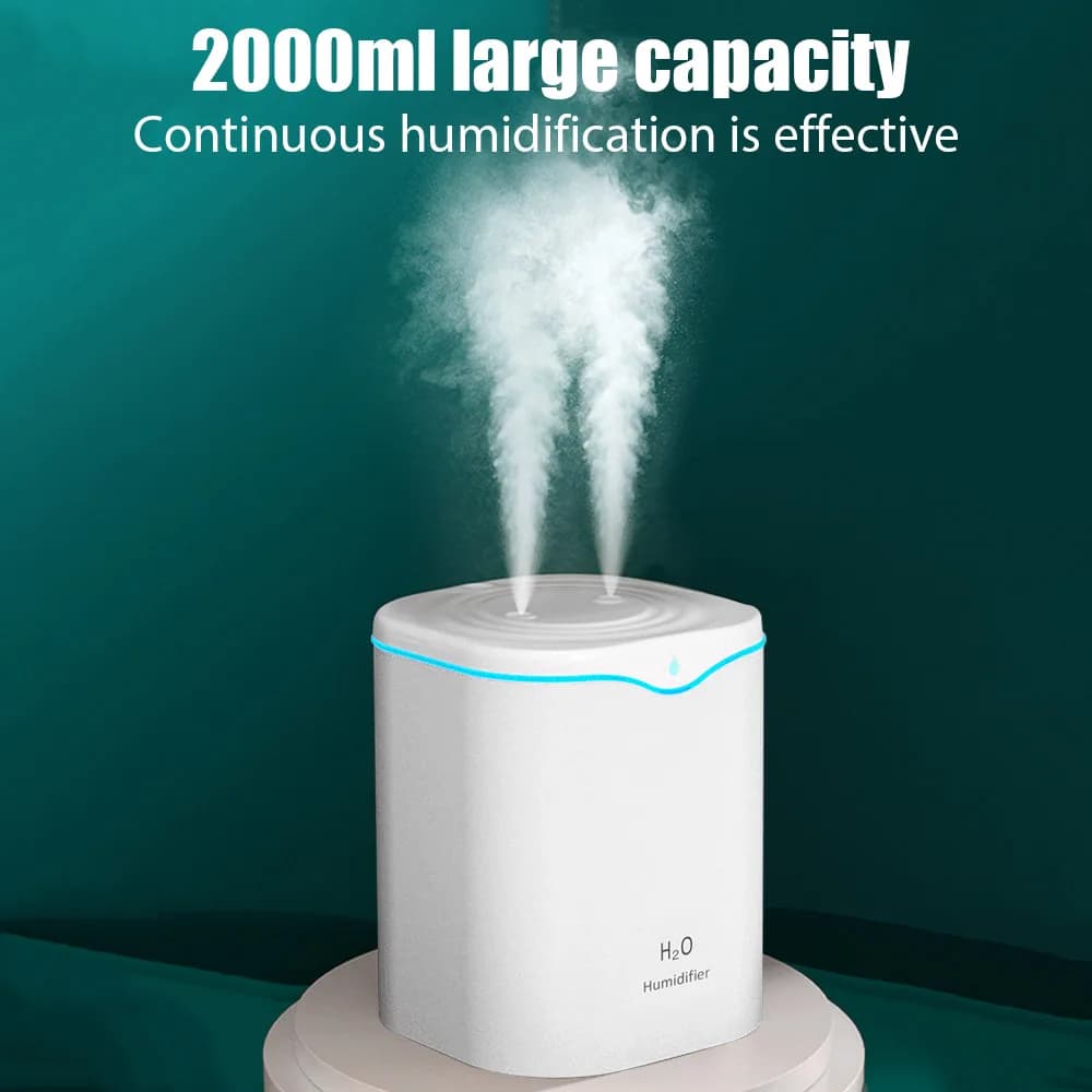Umidificatore a doppio spruzzo di grande capacità da 2 litri USB Home Office Desktop Diffusore di aromi Nebbia Purificatore Umidificatore per olio essenziale