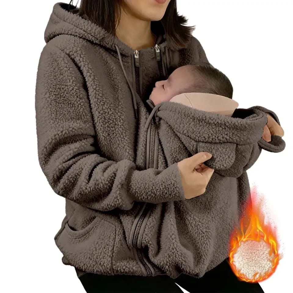 Felpa con cappuccio e marsupio 2 in 1 in pile per donna, con zip, per autunno/inverno