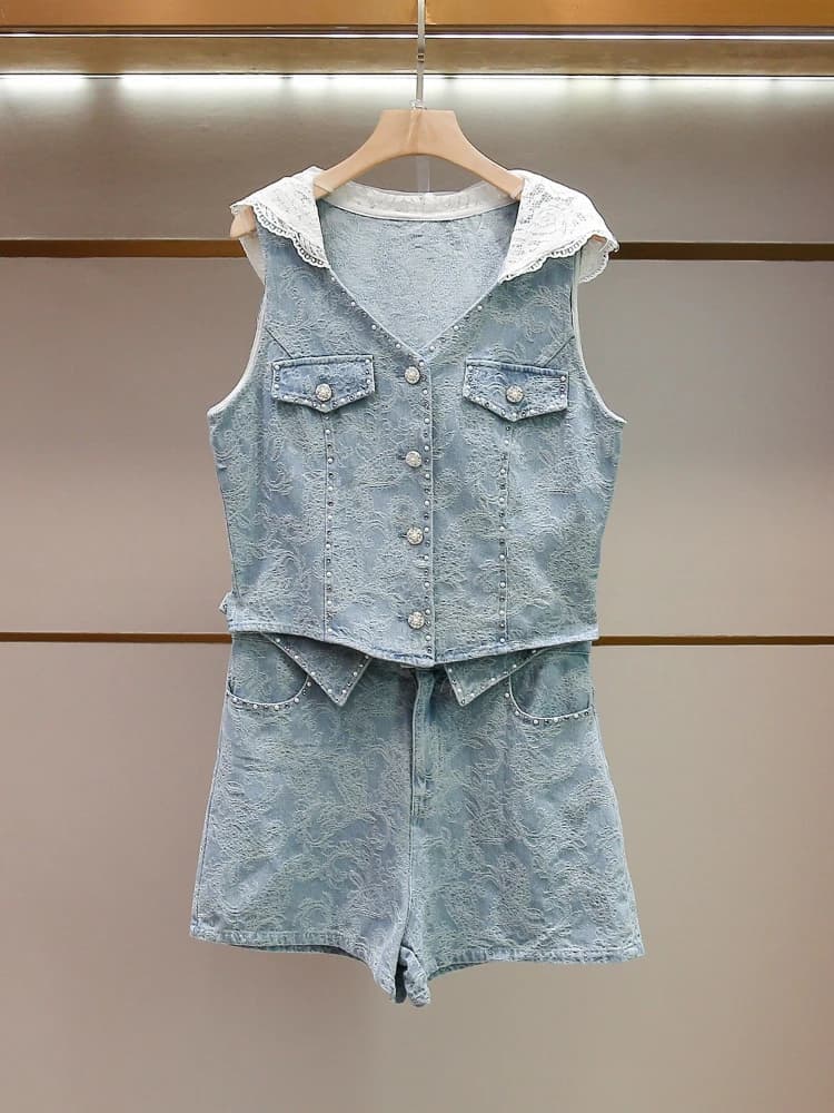 High End Women's Summer New Fashionable Lace Hooded Denim Vest+skirt Set