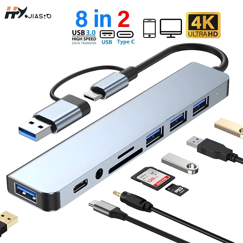 Hub USB 8 in 2, Docking Station USB-C, Adattatore Type-C a HDMI 4K60Hz, USB 3.0 5Gbps, Splitter RJ45 1000Mbps con SD/TF per Laptop